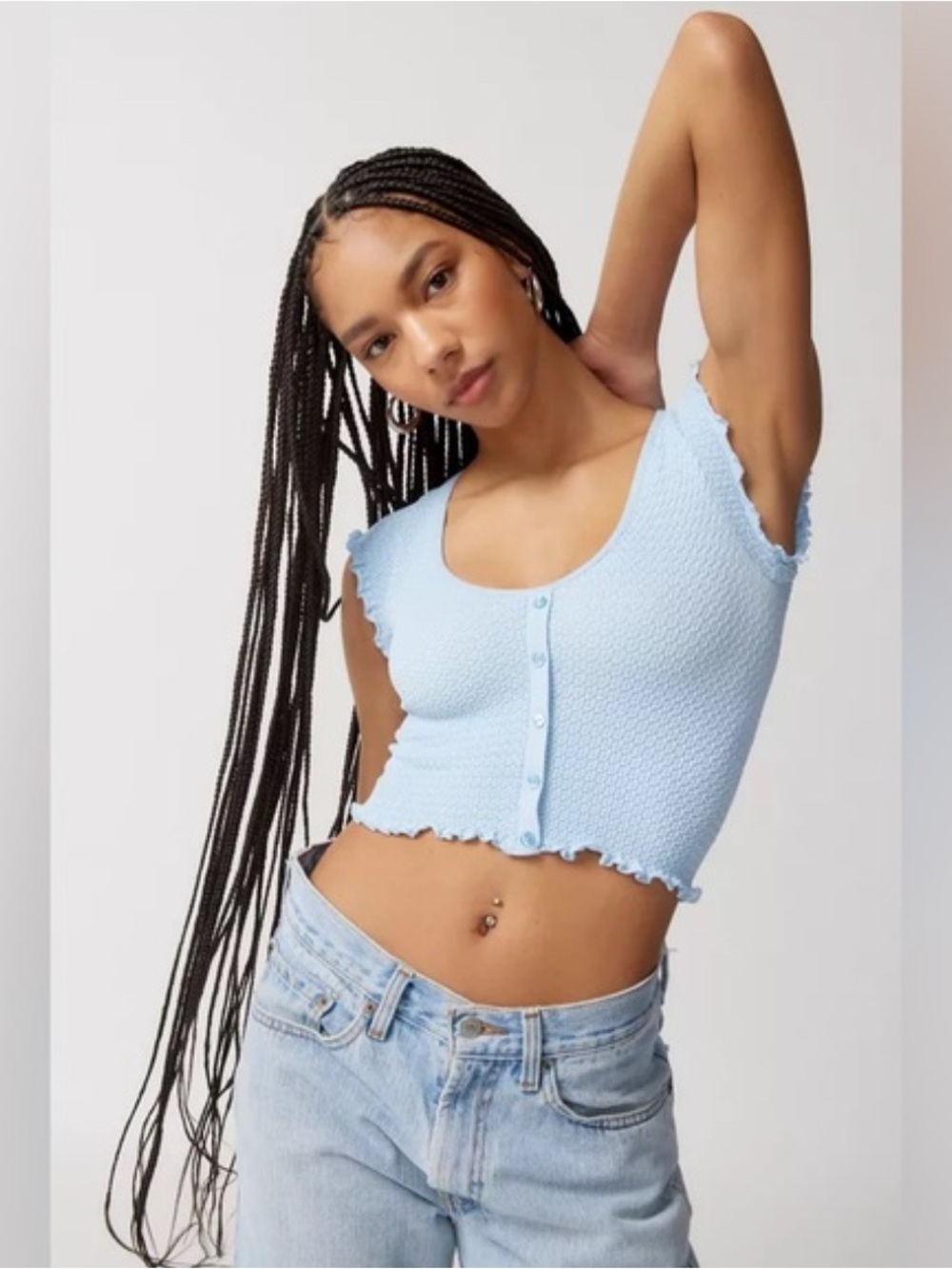 Urban Outfitters / Out From Under Light Blue Ruffle-Edge Button Front Crop Top
